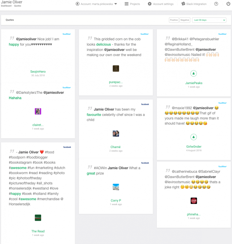  یک برگه نقل قول ها از Brand24 که نقل قول های مختلفی را از کاربران رسانه های اجتماعی نشان می دهد که می تواند برای شخصی سازی گزارش رسانه های اجتماعی استفاده شود 