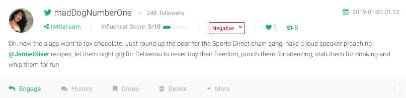 نمونه ای از ذکر رسانه های اجتماعی از توییتر با احساسات منفی