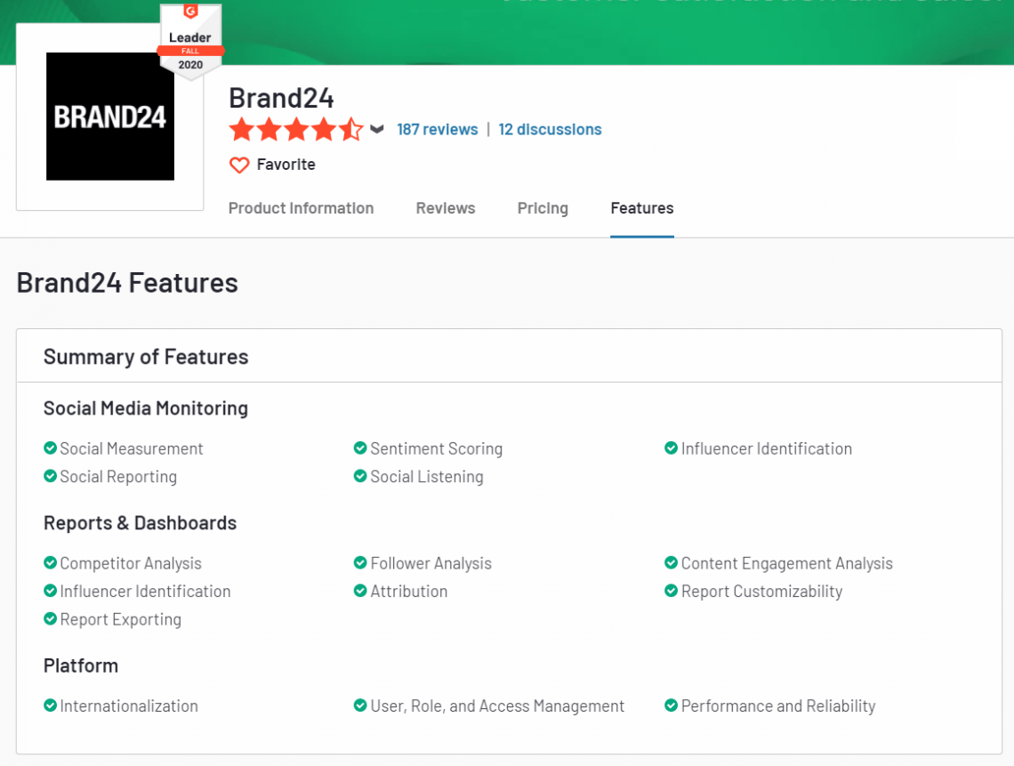  ویژگی های Brand24 در G2 