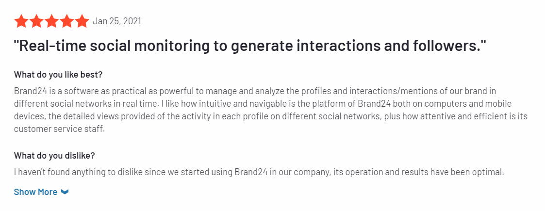  تصویری از G2 که نشان دهنده بازبینی در Brand24 "class =" wp-image-149601 "srcset =" https://brand24.com/blog/wp-content/uploads/2021/05/Brand24-review-min .png 1123w ، https://brand24.com/blog/wp-content/uploads/2021/05/Brand24-review-min-300x116.png 300w "اندازه =" (حداکثر عرض: 1123px) 100vw ، 1123px [19659123] <strong> Mediatoolkit </strong> همچنین نظرات خوبی نیز دارد ، اما قطعاً تعداد آنها کمتر از Brand24 است. آخرین بررسی های موجود در G2 ، سال گذشته ارسال شده است. با این وجود ، مواردی که اکنون می توانیم آنها را بخوانیم ، ادعا می کنند که Mediatoolkit حداقل در مشاغلی که توانایی خرید آن را دارند ، عملکرد بسیار خوبی دارد. </p>
<figure class=